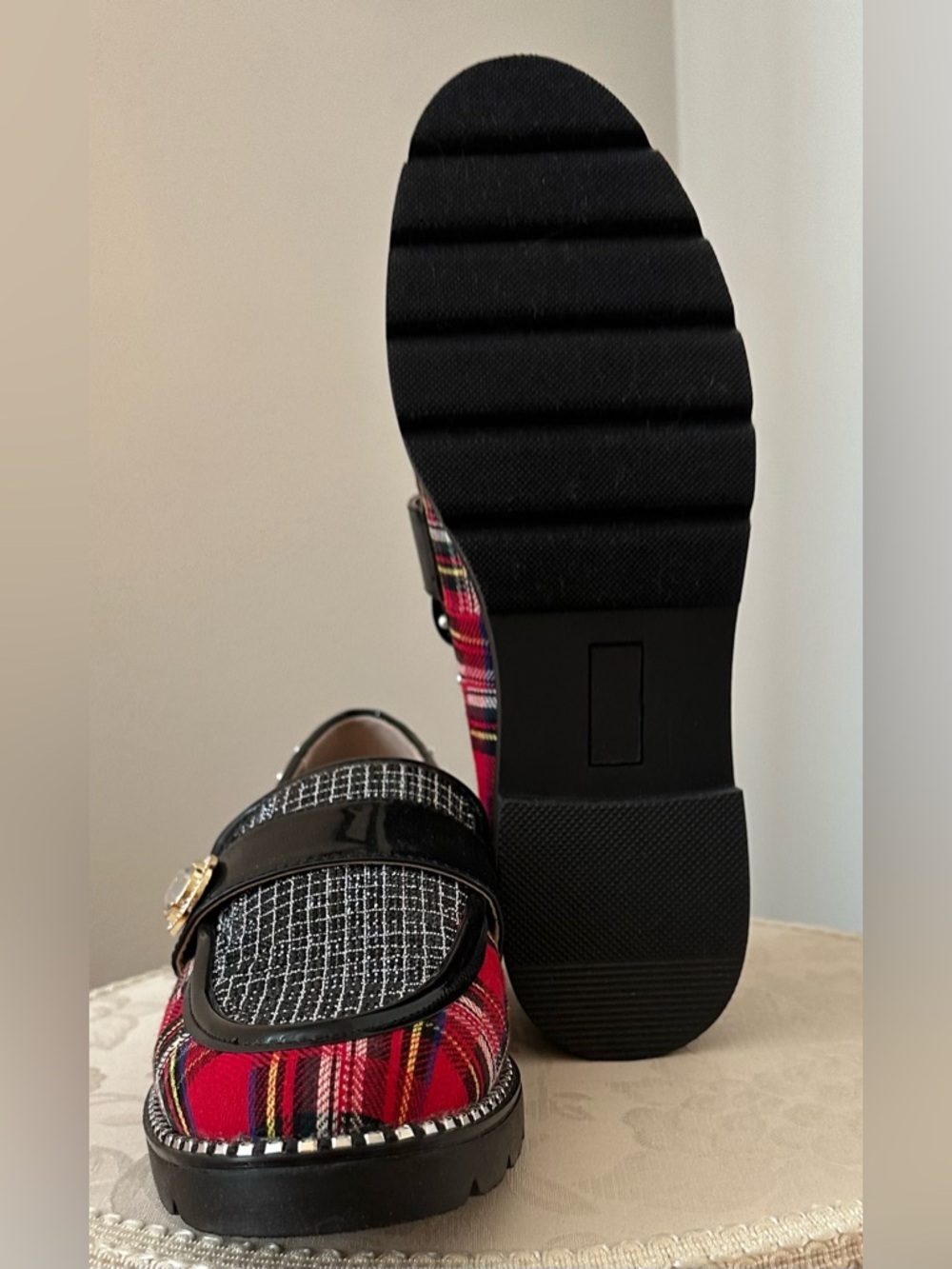 Plaid & Tweed Loafers with Stud Trim - Red Black - Picture 3 of 4